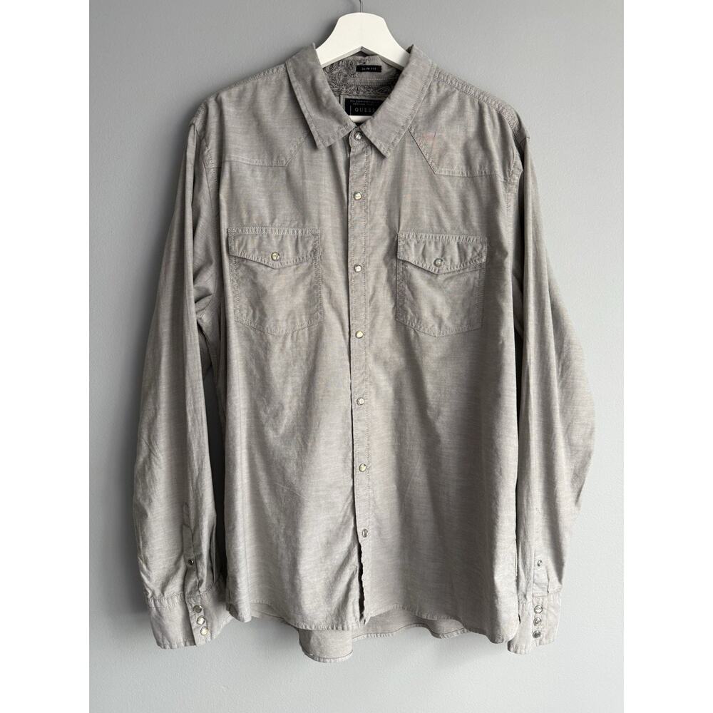 Guess Mens Slim Fit Button Up Shirt XL Gray Long Sleeve Western Snap Cowboy